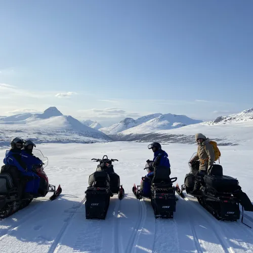 4 snowmobiles in the mountains
