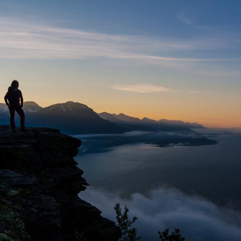 Person standing in the mountains enjoying the midnight light over the Lyngen Alps and the Lyngen fjord