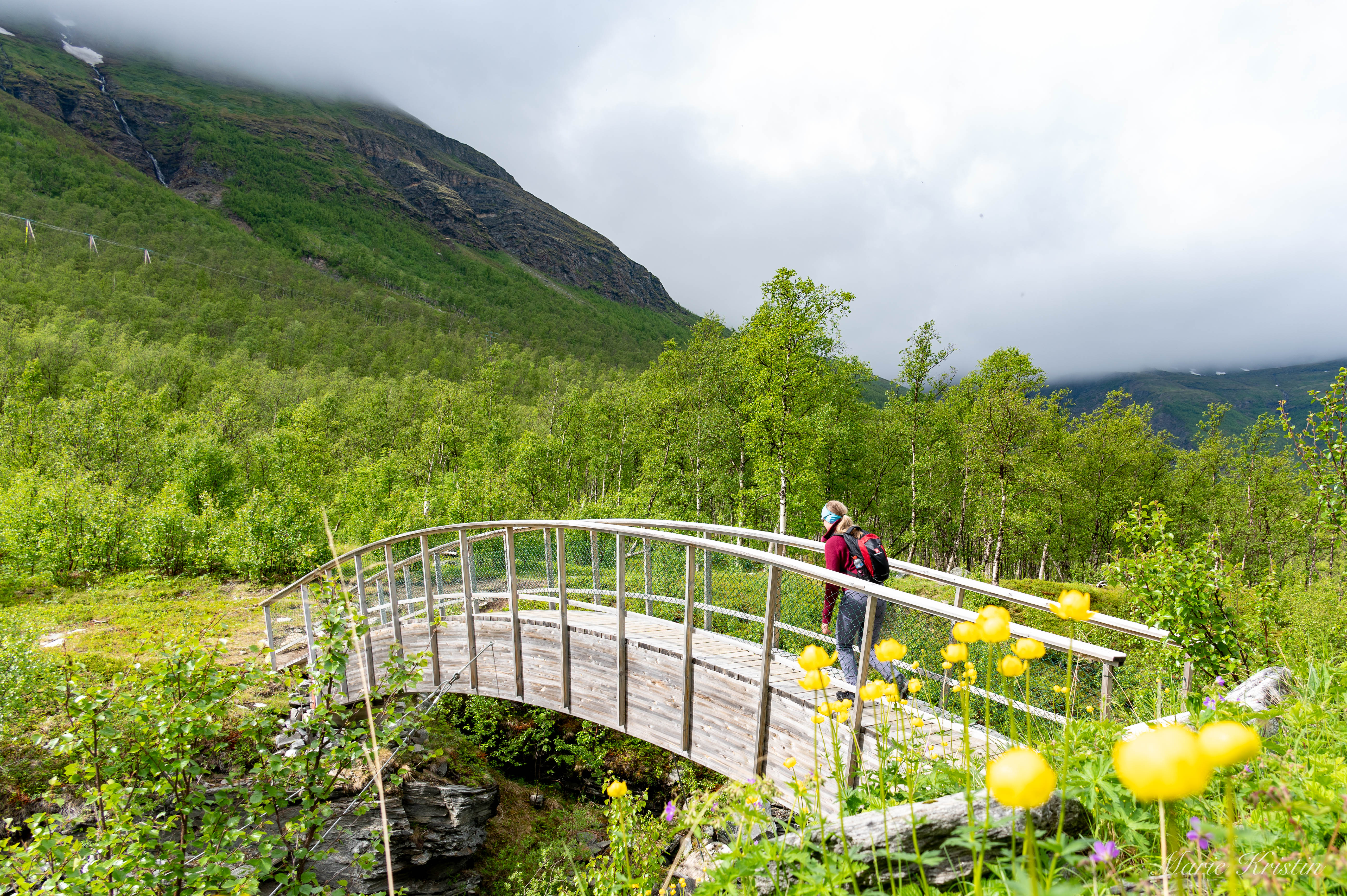 Vandring over en bru i naturen i Manndalen