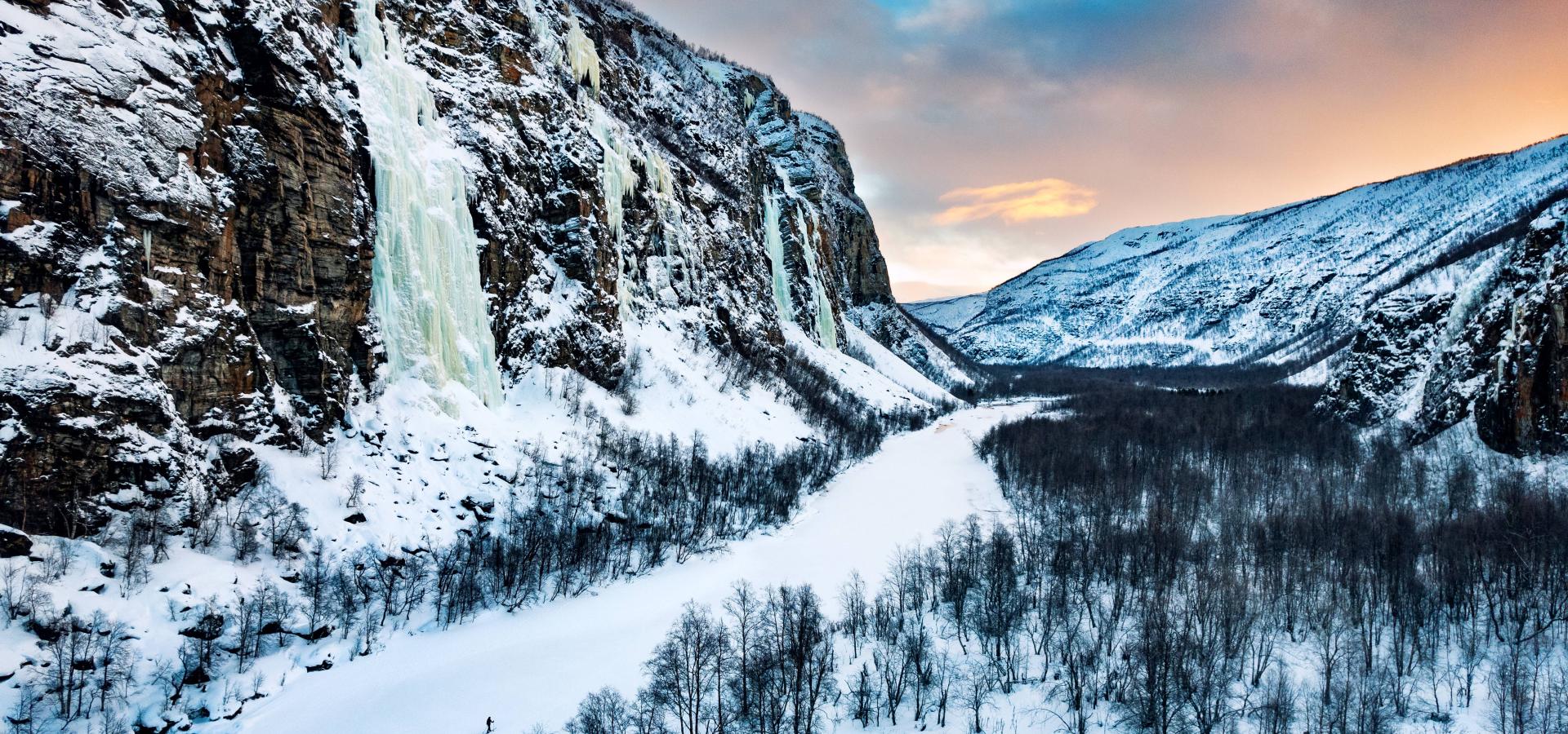 A frozen waterfall in Reisa valley, northern Norway