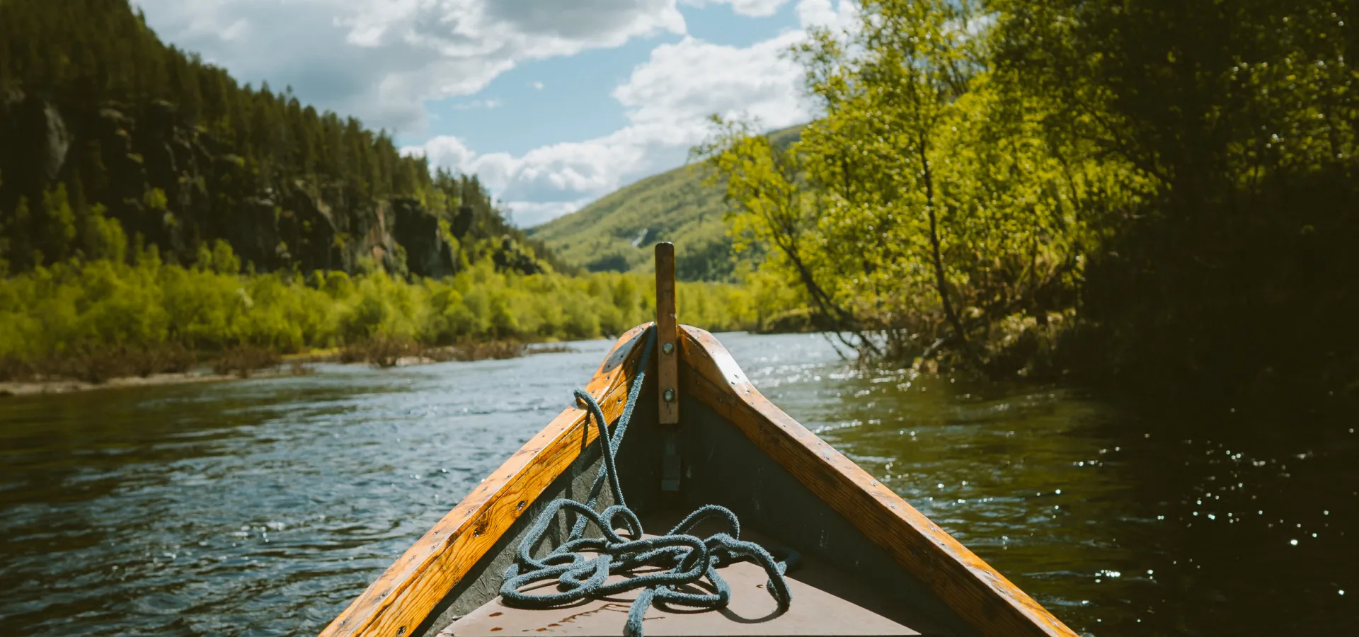 Front of a riverboat heading upstream