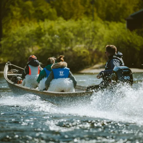 A group of 4 persons heading upstreams in a riverboat