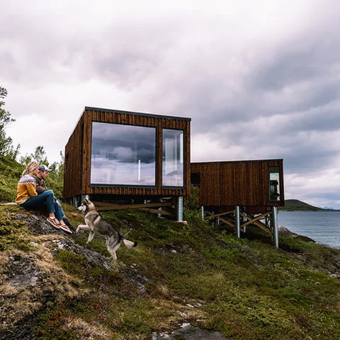 Et par og deres hund sitter på en fjellknaus utenfor Aurora Fjord Cabins