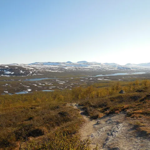 Landscape in the Malla Nature Resever, lakes and snowcapped mountains in the distance