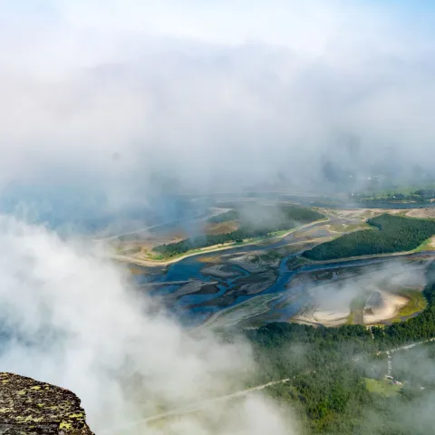 Birdseye view of the Skibotn delta inbetween some clouds